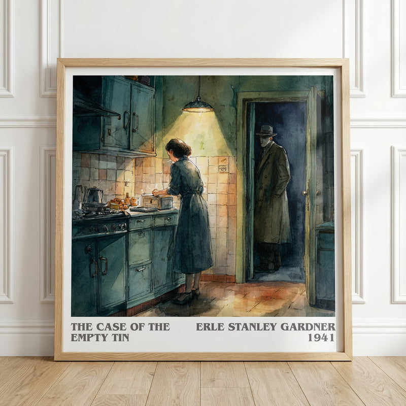 The Case of the Empty Tin literary print in frame leaning in hallway – mystery wall art