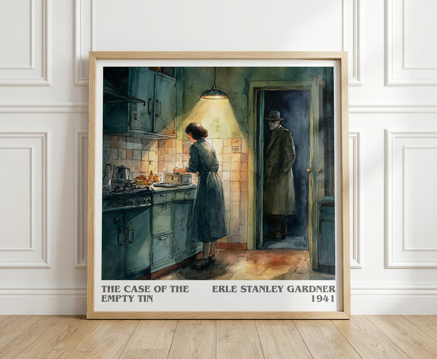 The Case of the Empty Tin literary print in frame leaning in hallway – mystery wall art