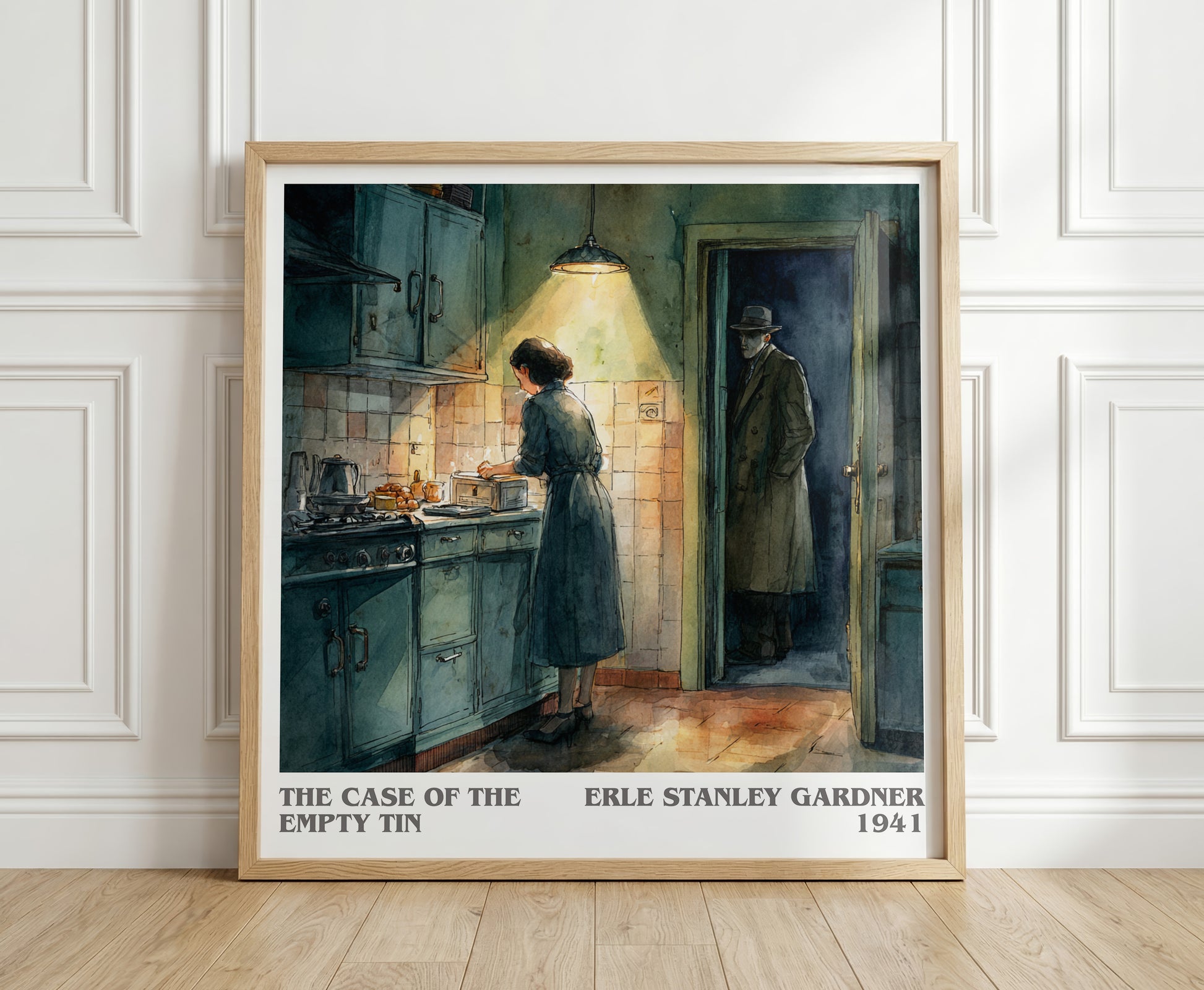 The Case of the Empty Tin literary print in frame leaning in hallway – mystery wall art