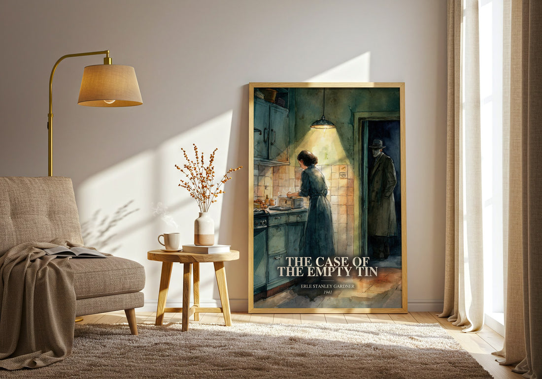 The Case Of The Empty Tin watercolour print in frame leaning in hallway – mystery wall art (mockup)