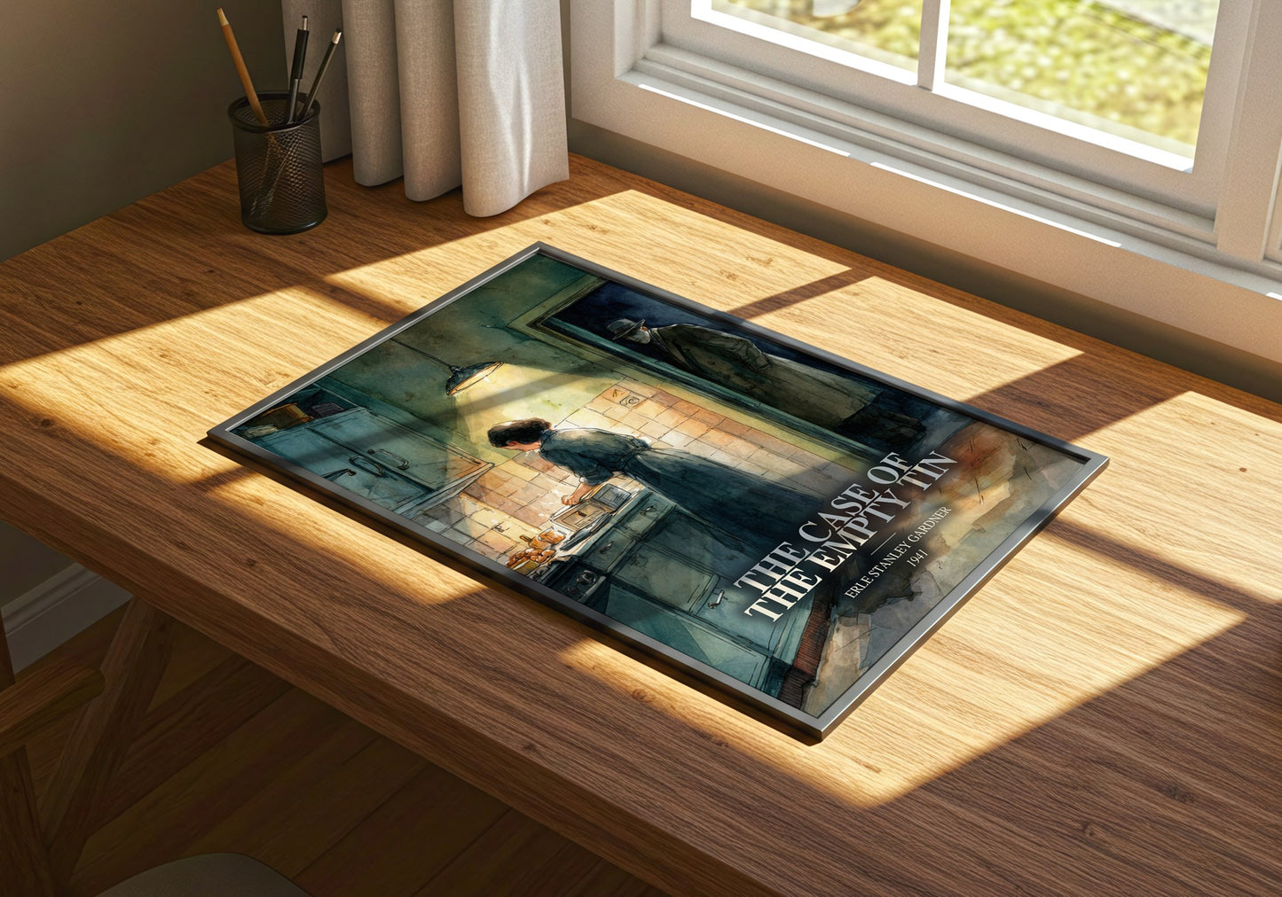The Case Of The Empty Tin watercolour book poster framed on wall – mystery wall art
