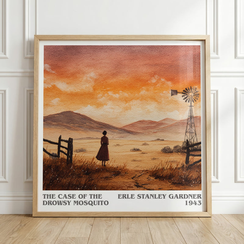 The Case of the Drowsy Mosquito literary print in frame leaning in hallway – mystery wall art