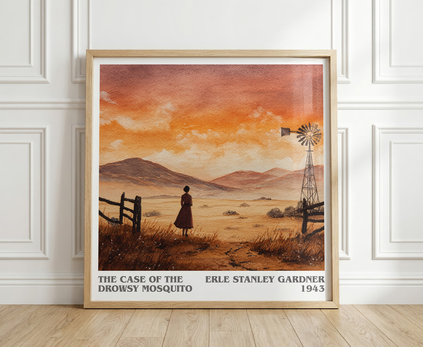 The Case of the Drowsy Mosquito literary print in frame leaning in hallway – mystery wall art