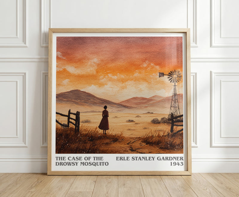 The Case of the Drowsy Mosquito literary print in frame leaning in hallway – mystery wall art