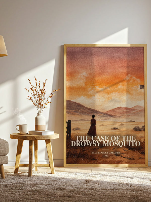 The Case Of The Drowsy Mosquito watercolour print in frame leaning in hallway – mystery wall art