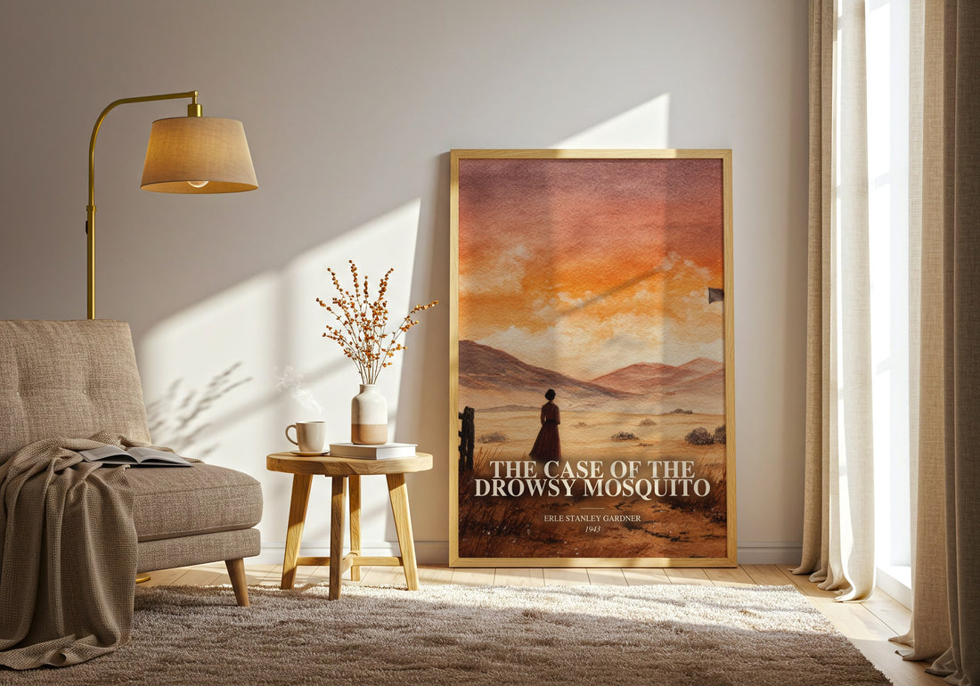 The Case Of The Drowsy Mosquito watercolour print in frame leaning in hallway – mystery wall art (mockup)