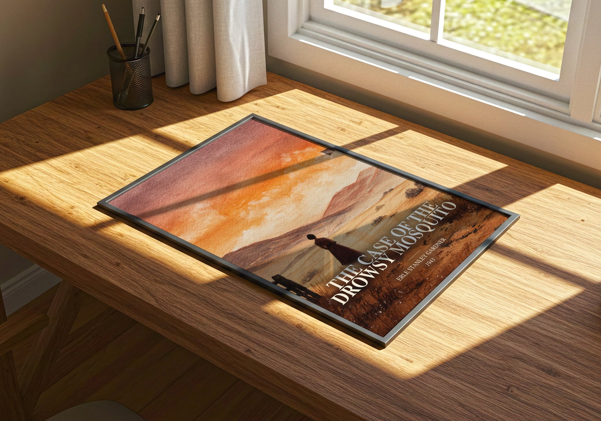 The Case Of The Drowsy Mosquito watercolour book poster framed on wall – mystery wall art