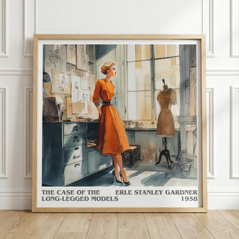 The Case of the Long-legged Models literary print in frame leaning in hallway – mystery wall art