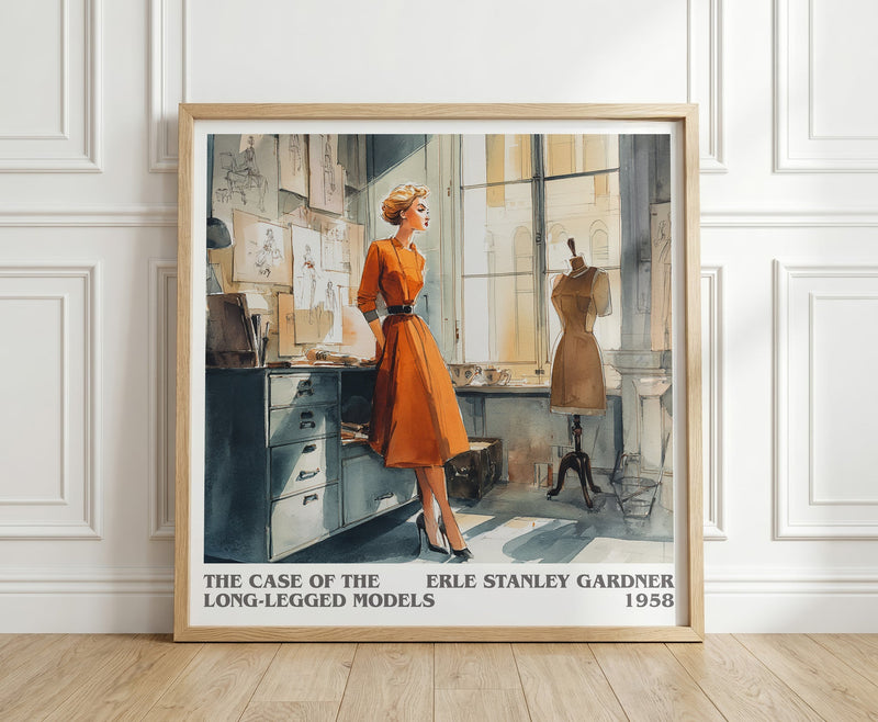 The Case of the Long-legged Models literary print in frame leaning in hallway – mystery wall art