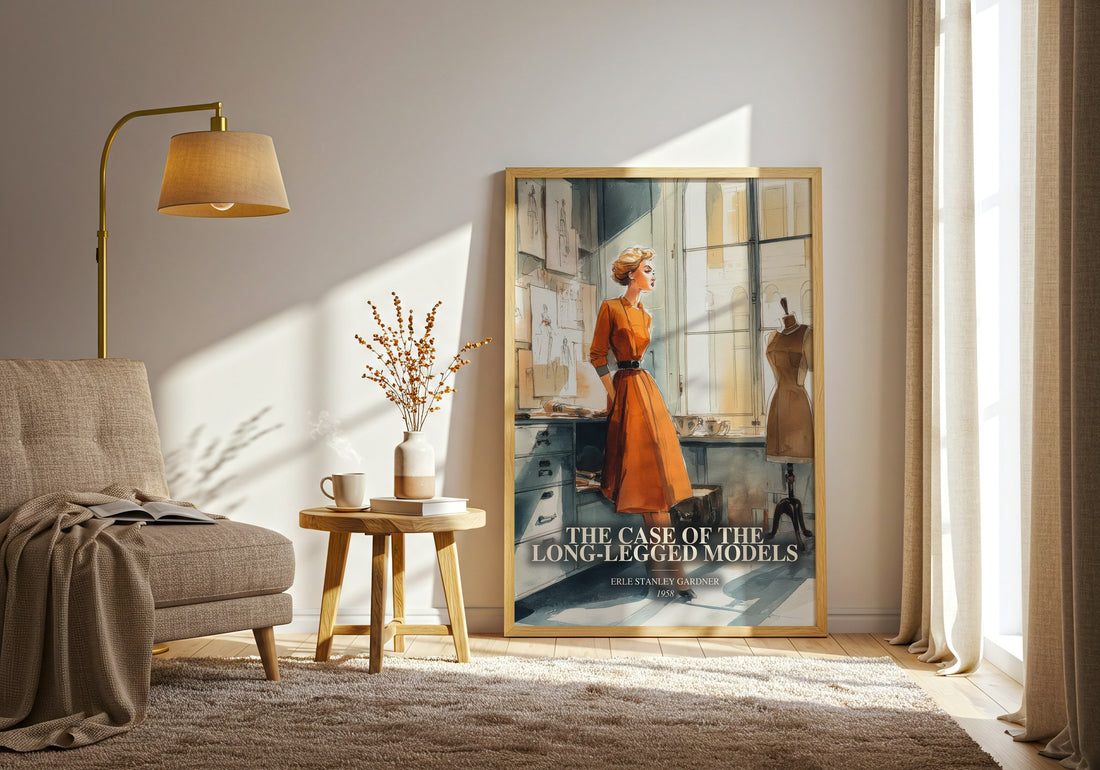The Case Of The Long-Legged Models watercolour print in frame leaning in hallway – mystery wall art (mockup)