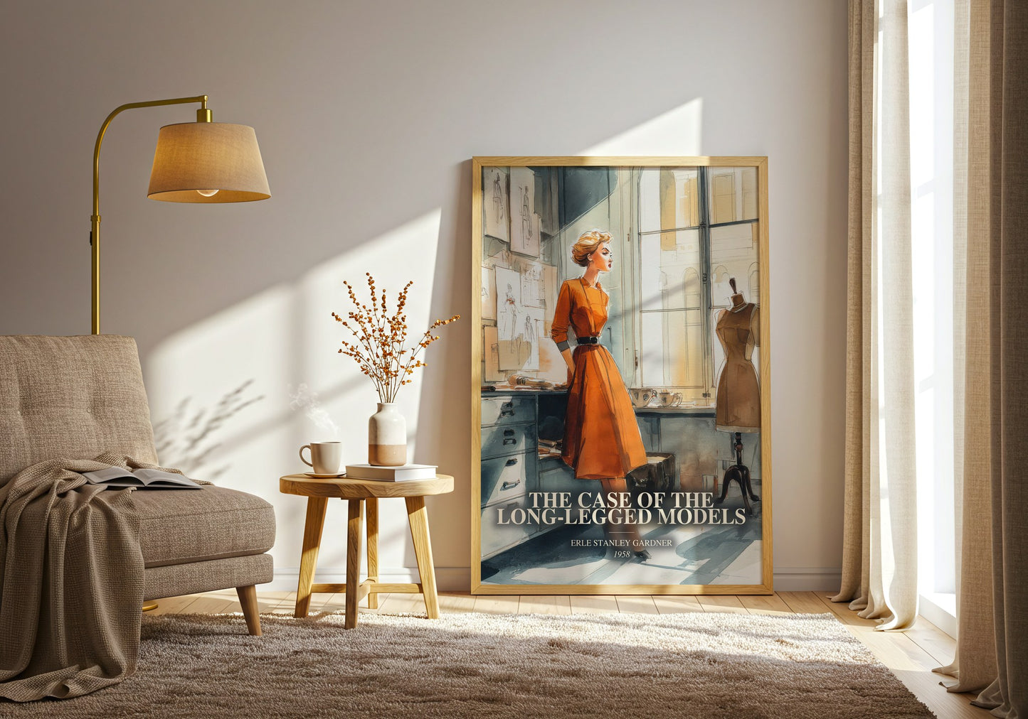 The Case Of The Long-Legged Models watercolour print in frame leaning in hallway – mystery wall art