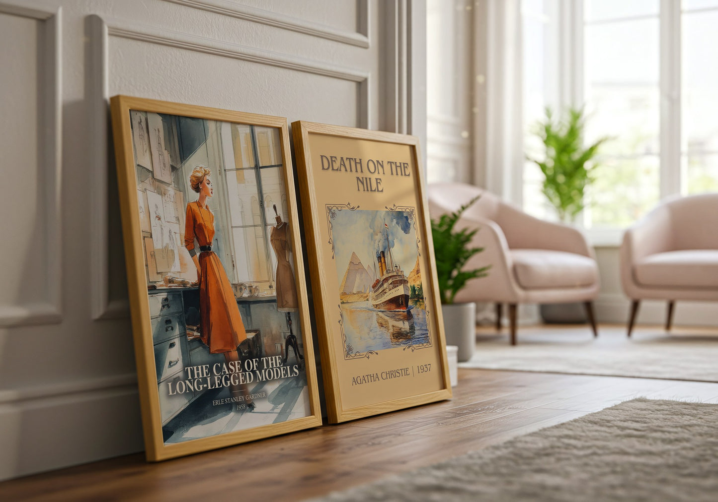 The Case Of The Long-Legged Models watercolour print framed by window – literary home decor