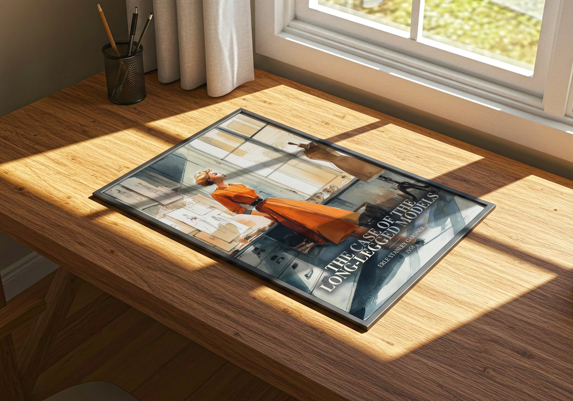 The Case Of The Long-Legged Models watercolour book poster framed on wall – mystery wall art