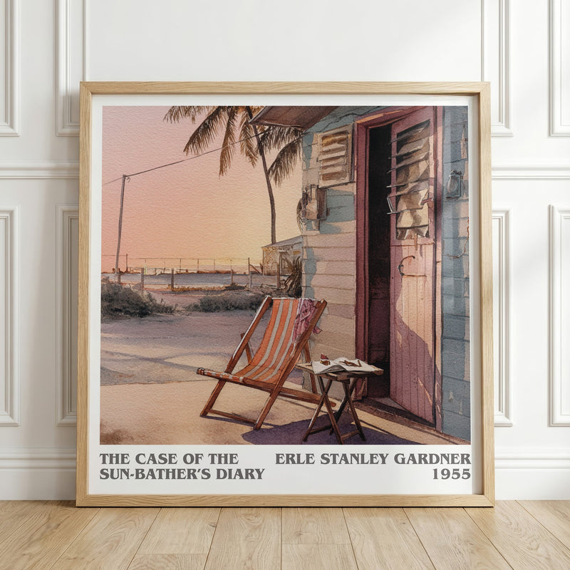 The Case of the Sun Bather's Diary literary print in frame leaning in hallway – mystery wall art