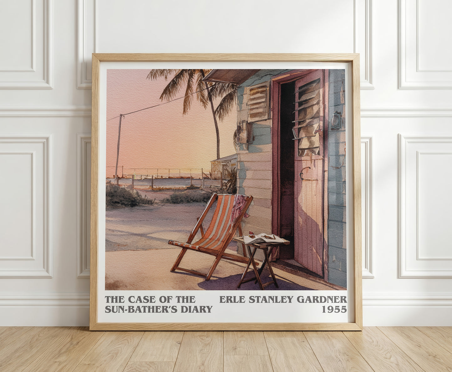 The Case of the Sun Bather's Diary literary print in frame leaning in hallway – mystery wall art