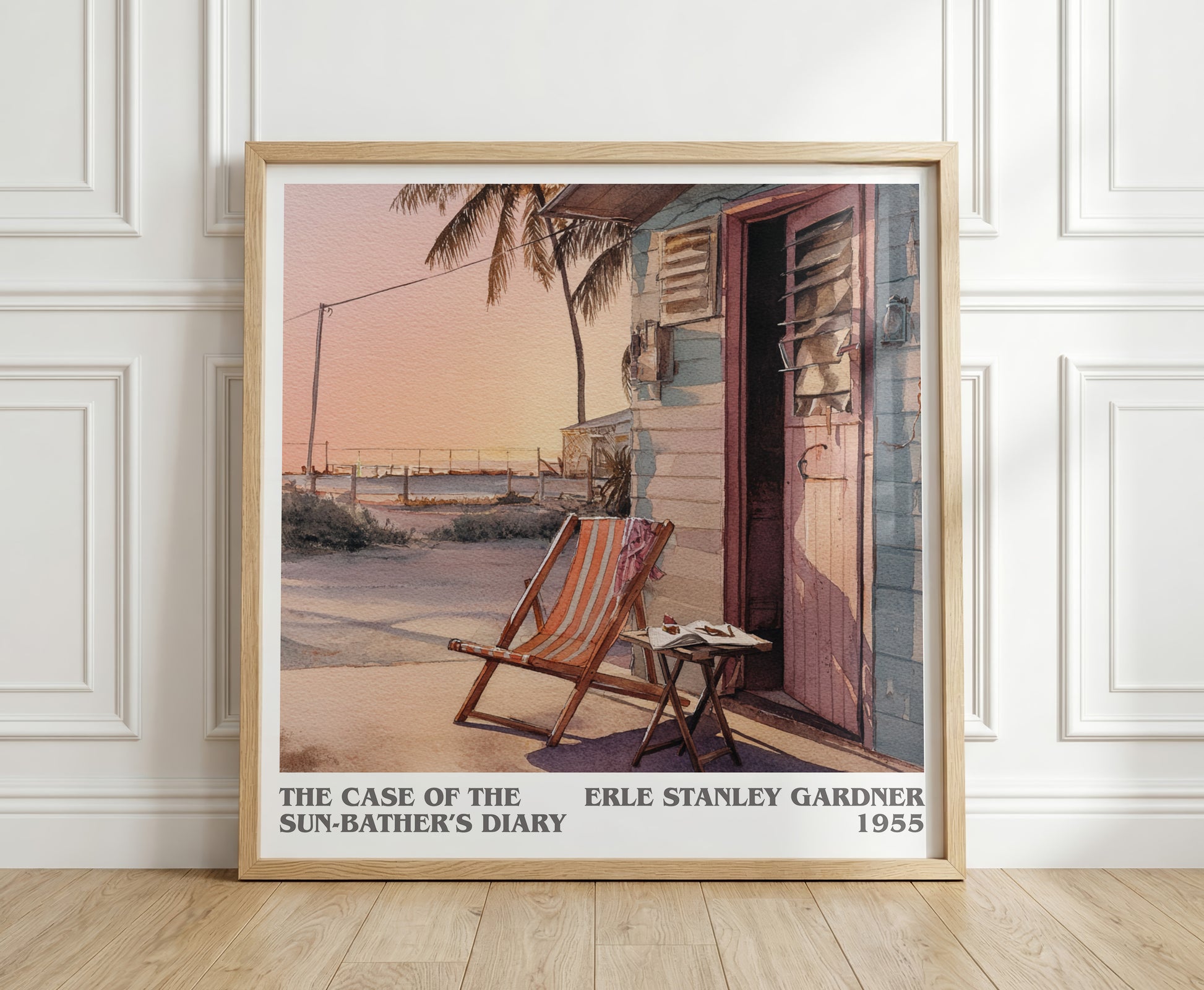 The Case of the Sun Bather's Diary literary print in frame leaning in hallway – mystery wall art