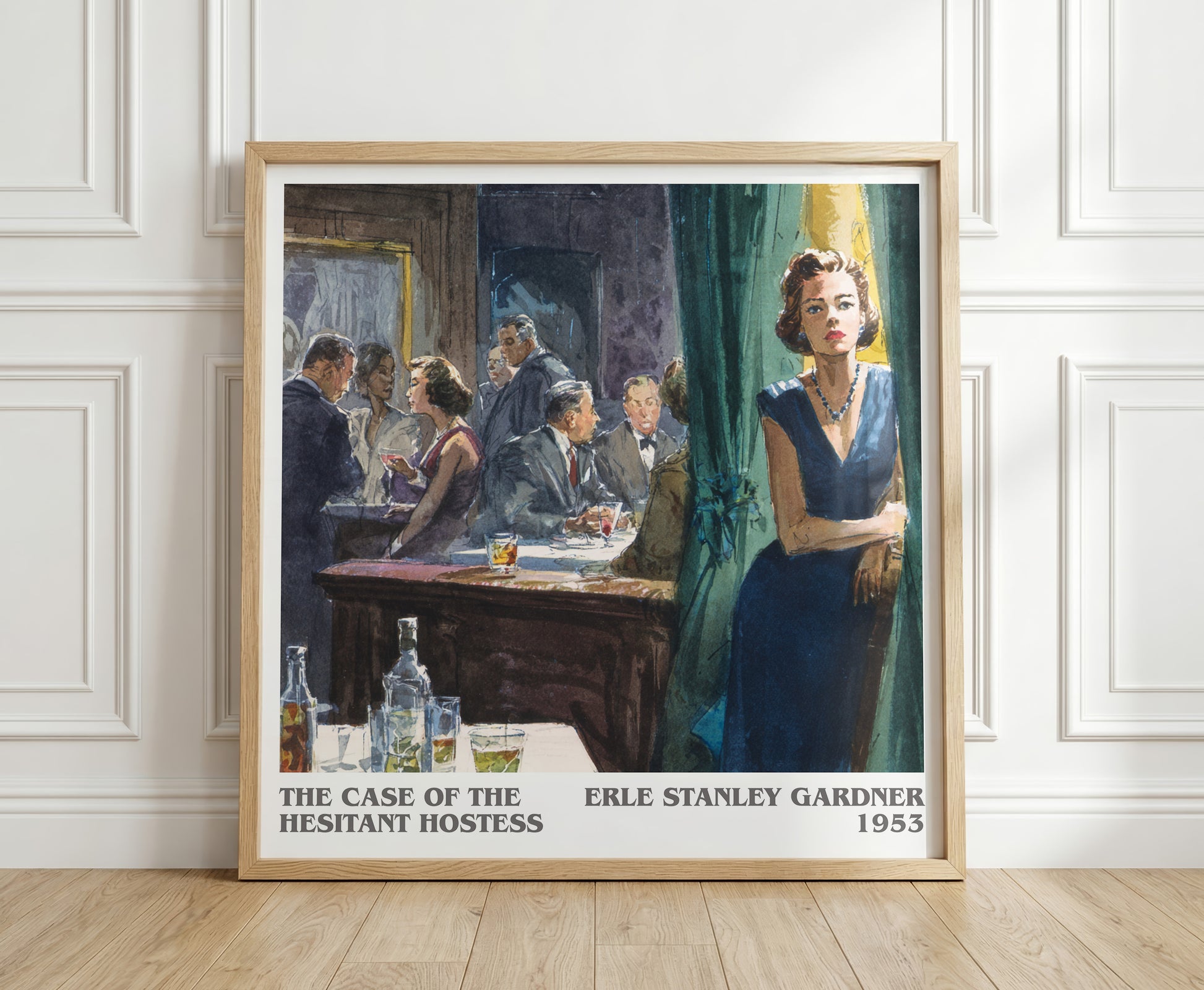 The Case of the Hesitant Hostess literary print in frame leaning in hallway – mystery wall art