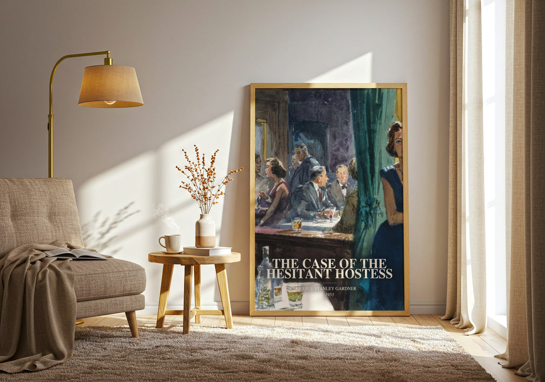 The Case Of The Hesitant Hostess watercolour print in frame leaning in hallway – mystery wall art (mockup)