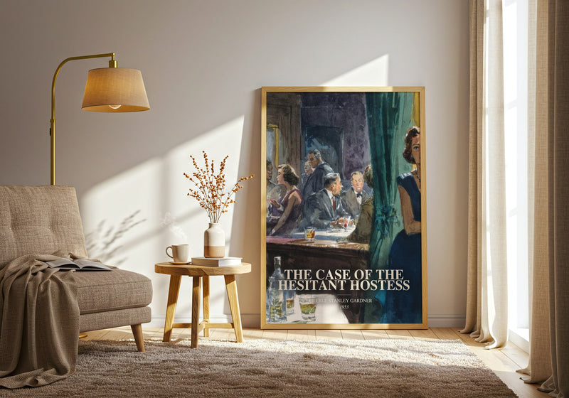 The Case Of The Hesitant Hostess watercolour print in frame leaning in hallway – mystery wall art