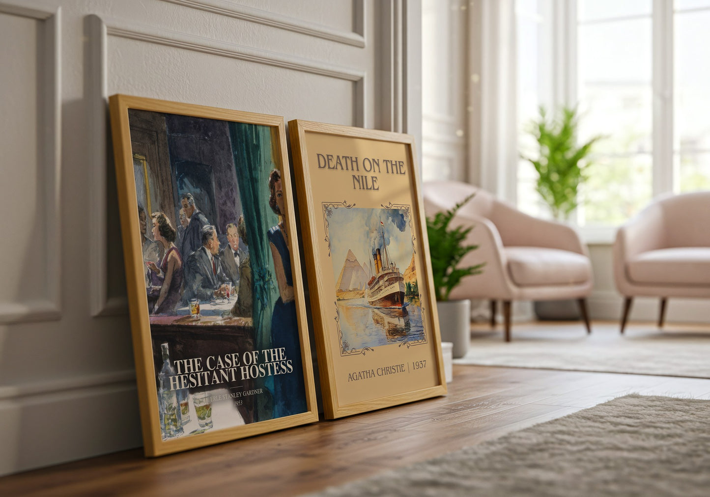 The Case Of The Hesitant Hostess watercolour print framed by window – literary home decor