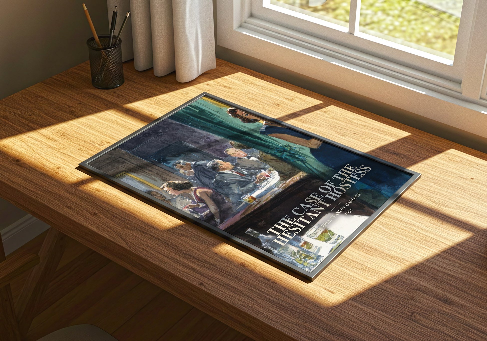 The Case Of The Hesitant Hostess watercolour book poster framed on wall – mystery wall art