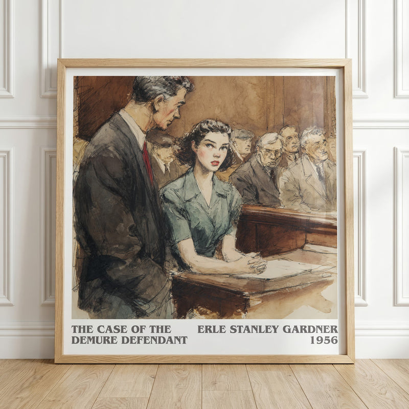 The Case of the Demure Defendant literary print in frame leaning in hallway – mystery wall art