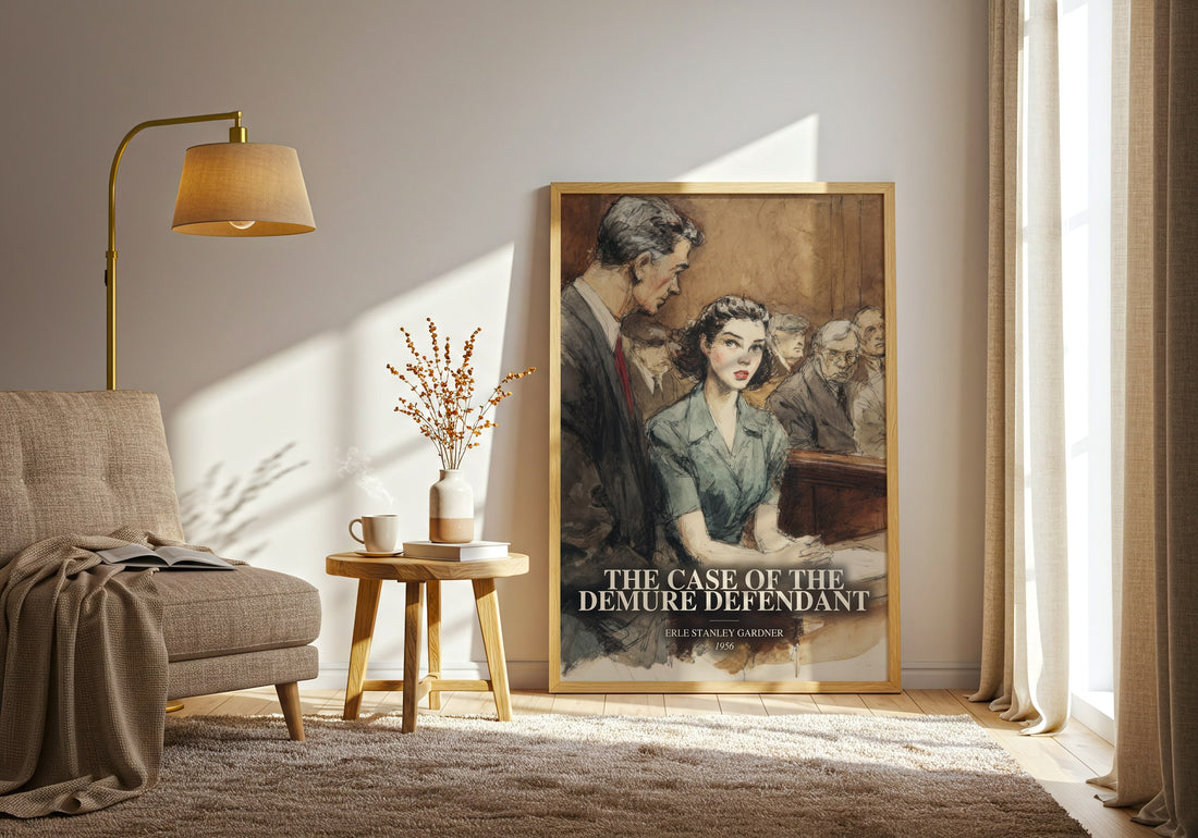 The Case Of The Demure Defendant watercolour print in frame leaning in hallway – mystery wall art (mockup)