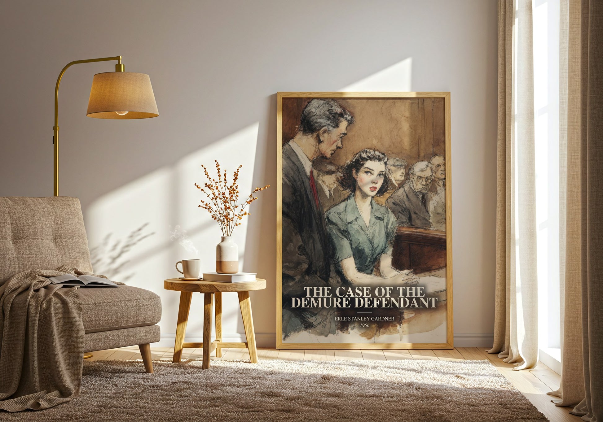 The Case Of The Demure Defendant watercolour print in frame leaning in hallway – mystery wall art