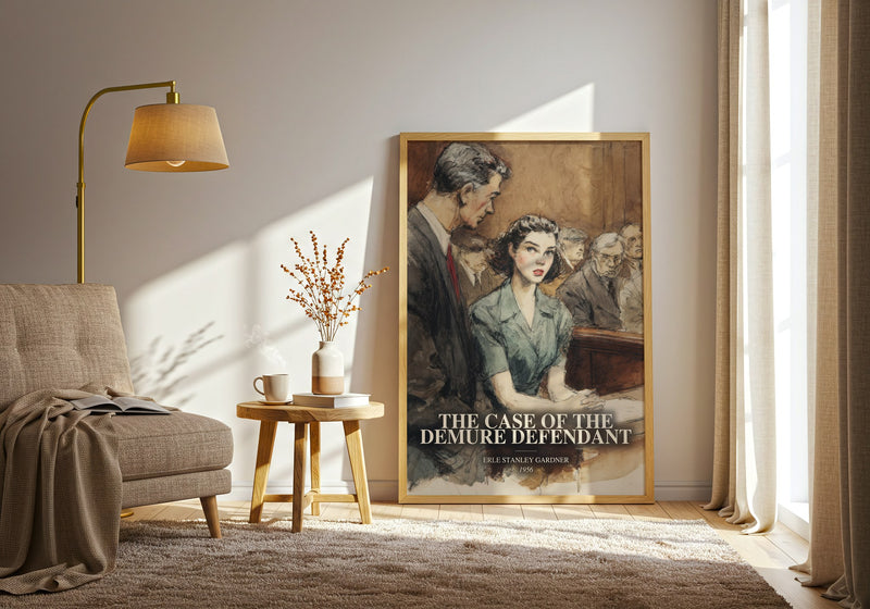 The Case Of The Demure Defendant watercolour print in frame leaning in hallway – mystery wall art
