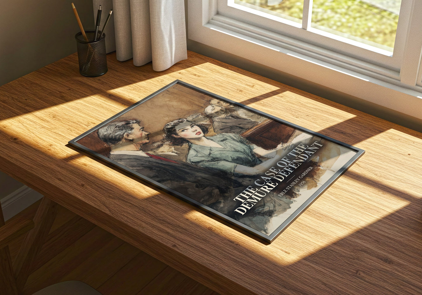 The Case Of The Demure Defendant watercolour book poster framed on wall – mystery wall art