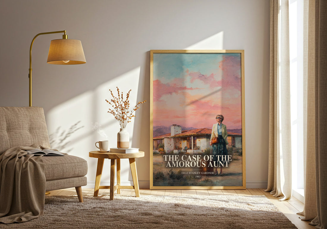 The Case Of The Amorous Aunt watercolour print in frame leaning in hallway – mystery wall art (mockup)