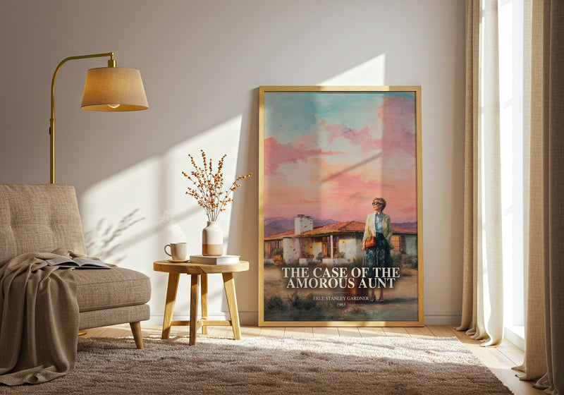 The Case Of The Amorous Aunt watercolour print in frame leaning in hallway – mystery wall art