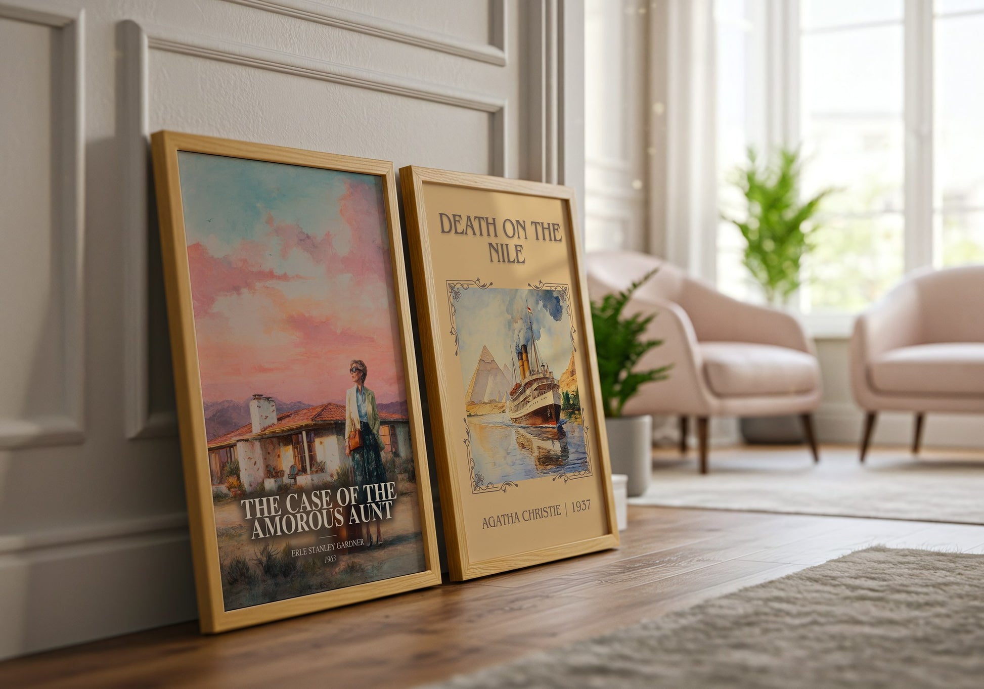 The Case Of The Amorous Aunt watercolour print framed by window – literary home decor