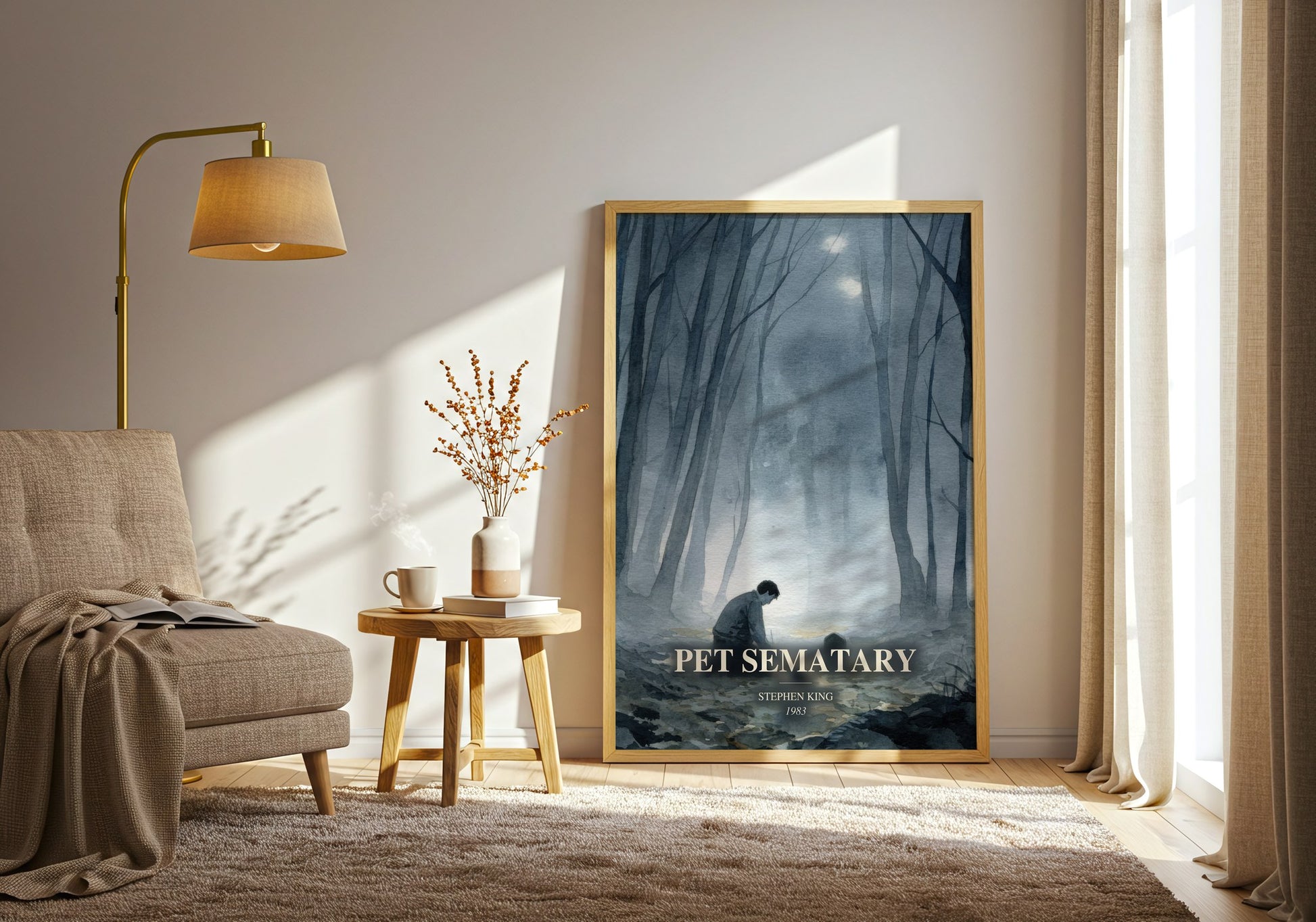 Pet Sematary watercolour print in frame leaning in hallway – horror wall art