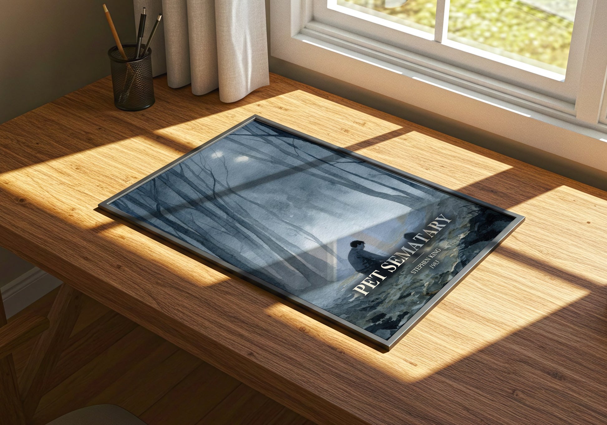 Pet Sematary watercolour book poster framed on wall – horror wall art