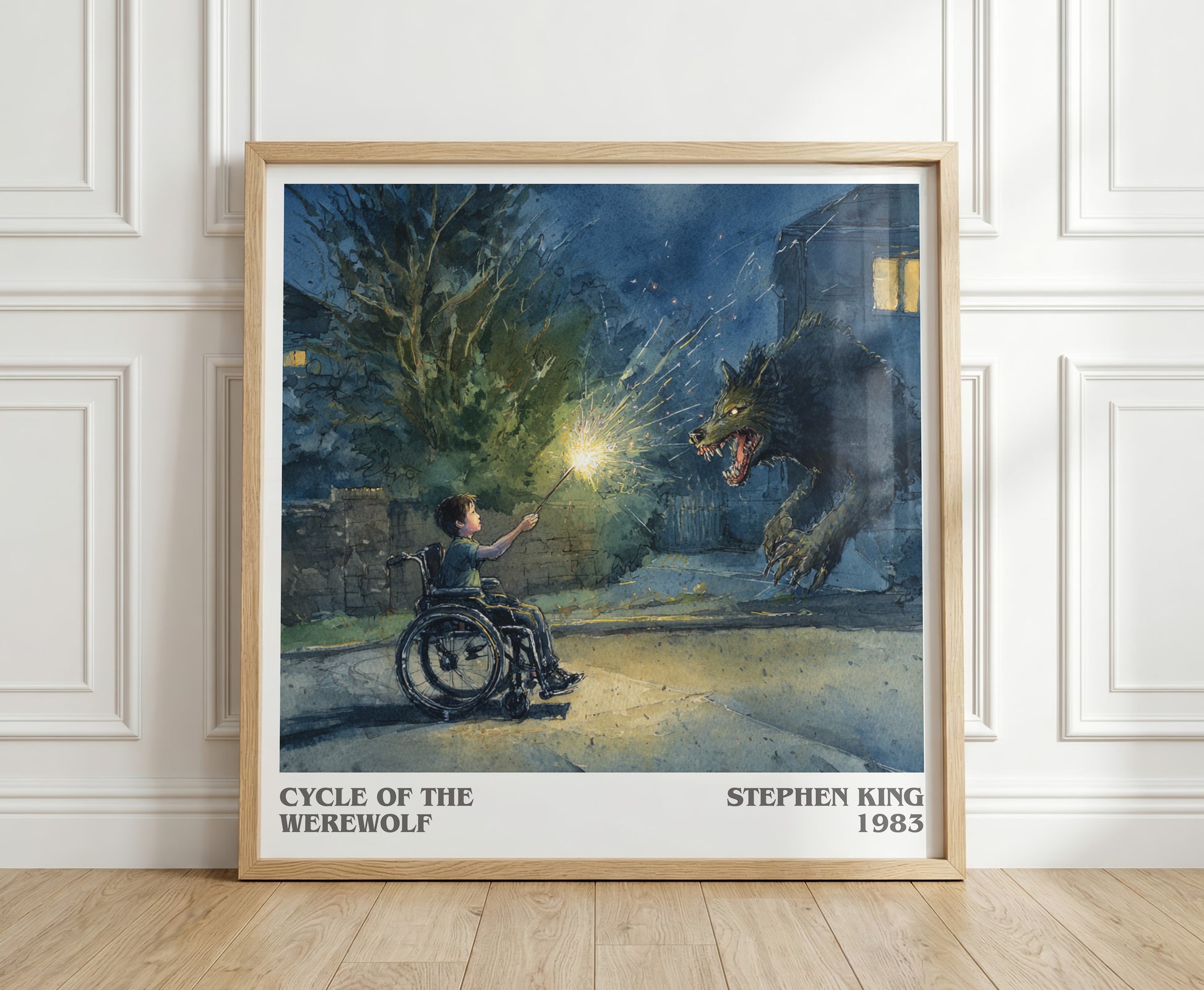 Cycle of the Werewolf literary print in frame leaning in hallway – horror wall art