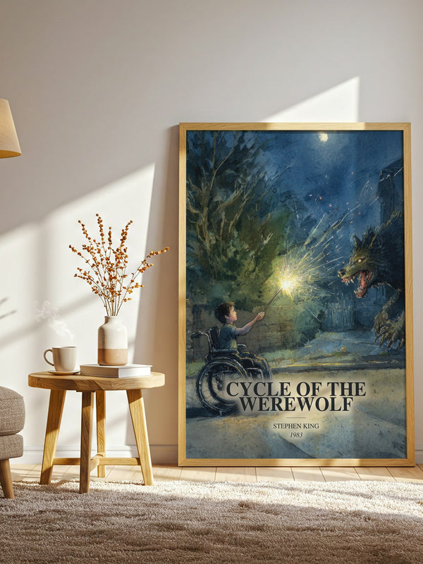 Cycle Of The Werewolf watercolour print in frame leaning in hallway – horror wall art