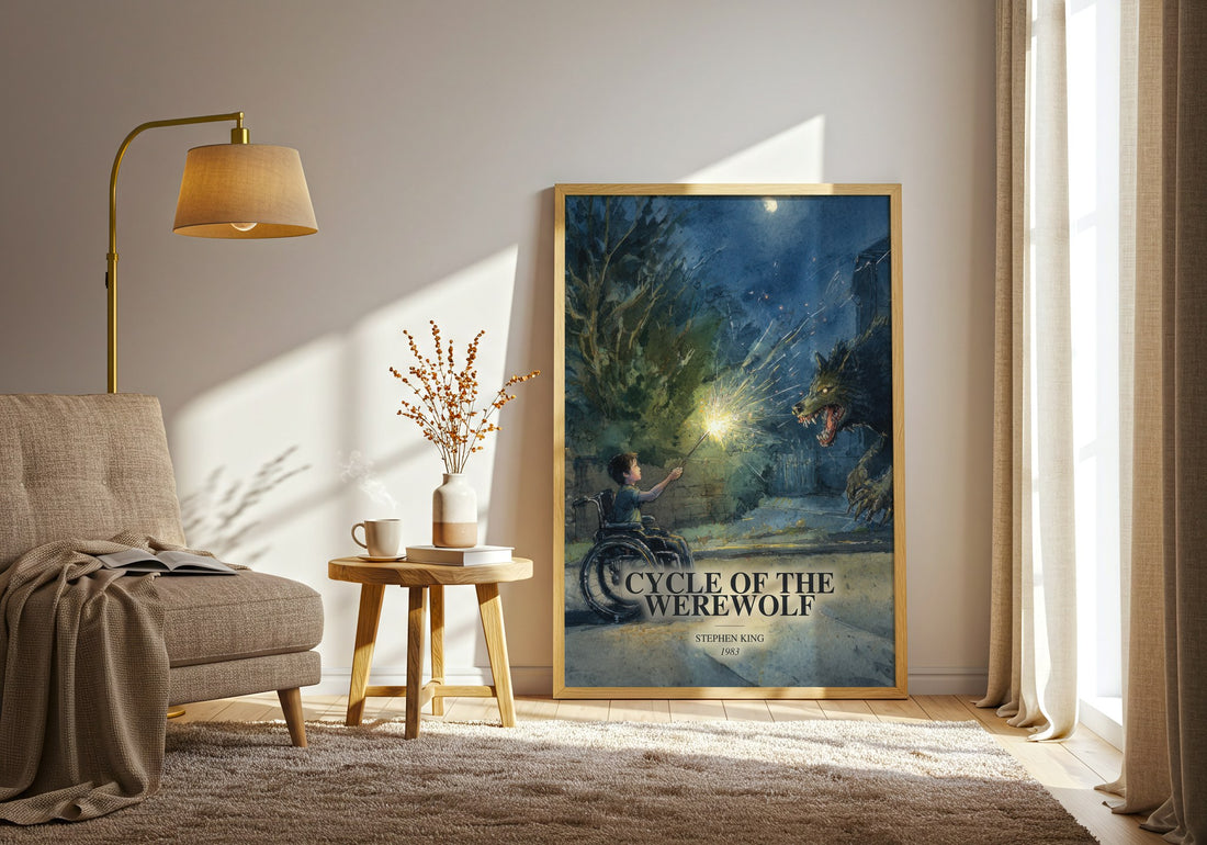 Cycle Of The Werewolf watercolour print in frame leaning in hallway – horror wall art (mockup)