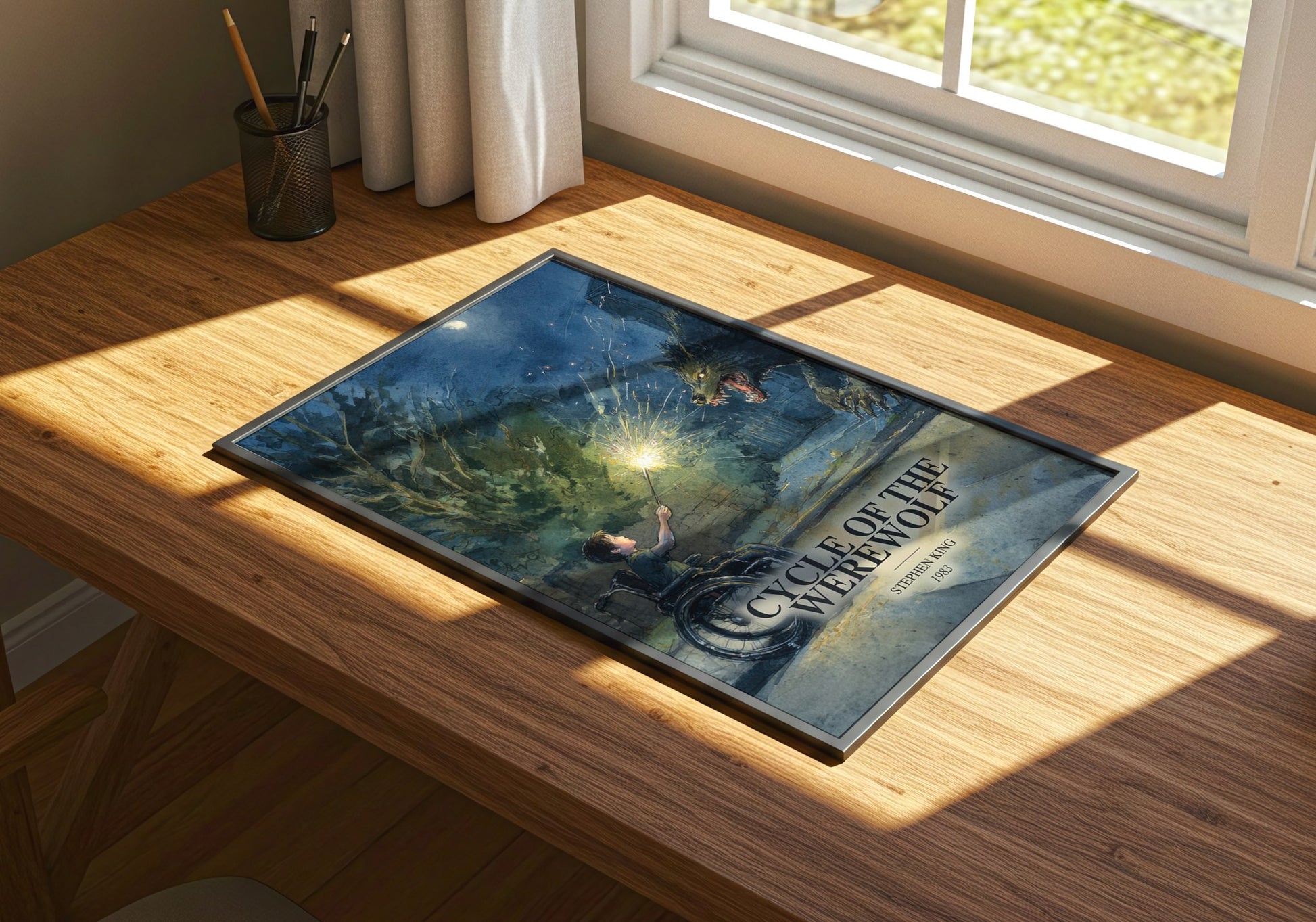 Cycle Of The Werewolf watercolour book poster framed on wall – horror wall art