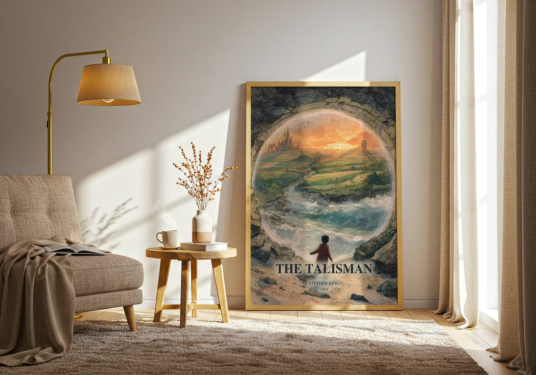 The Talisman watercolour print in frame leaning in hallway – fantasy wall art (mockup)