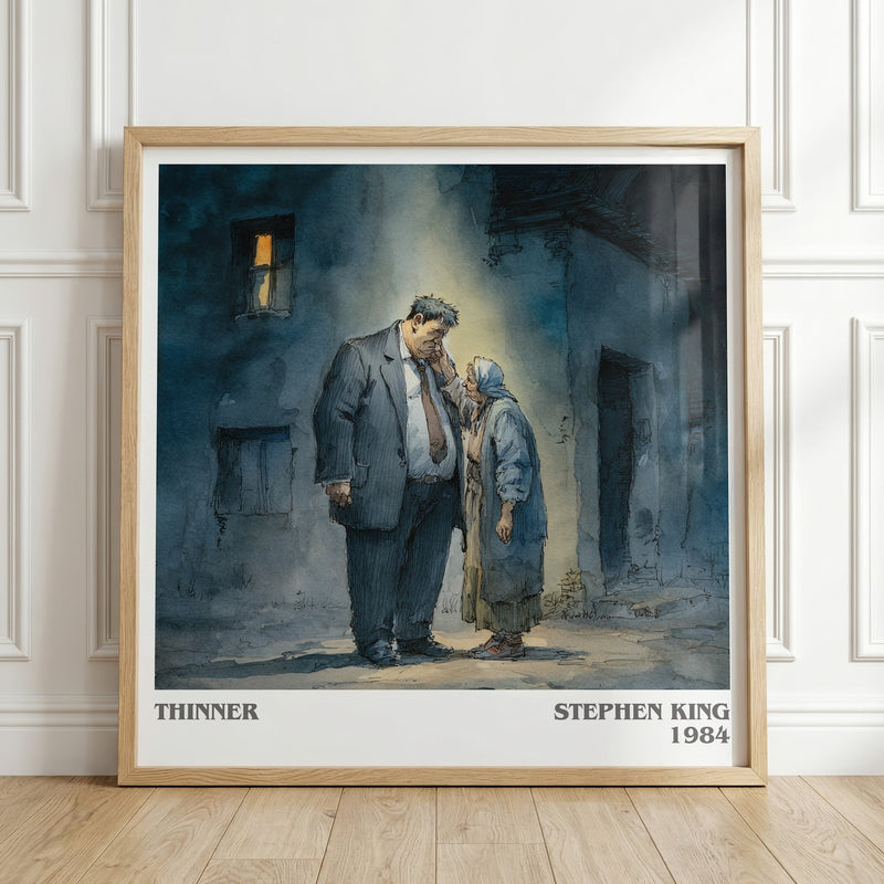 Thinner literary print in frame leaning in hallway – horror wall art