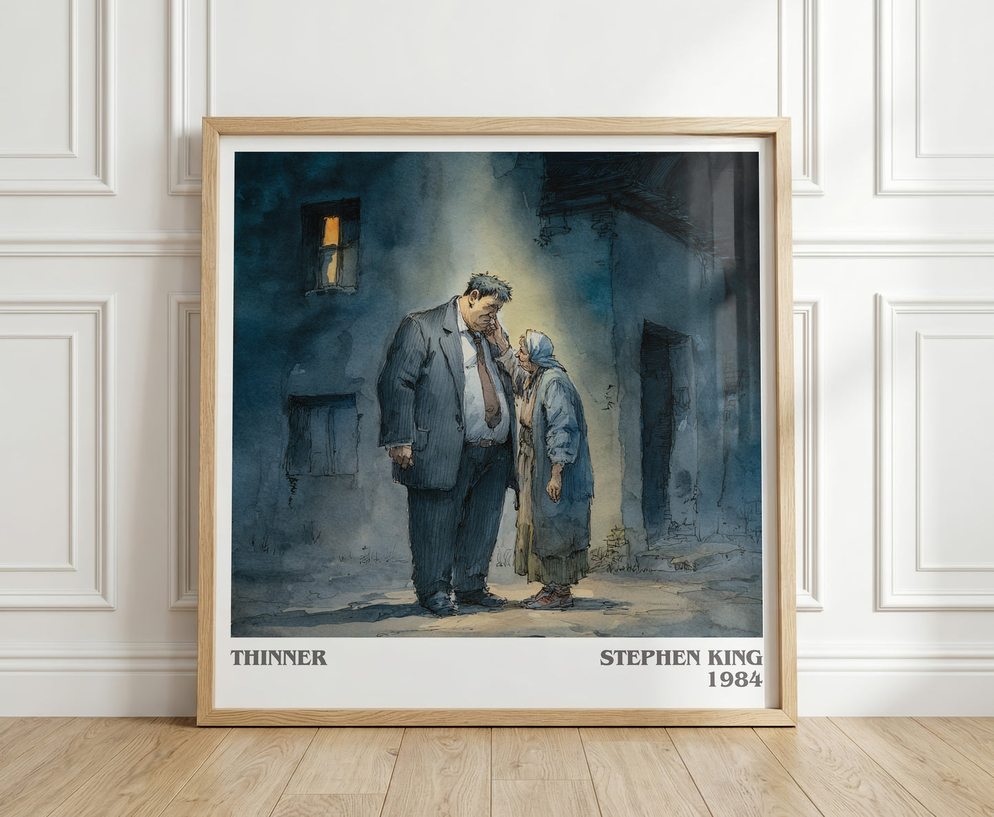 Thinner literary print in frame leaning in hallway – horror wall art