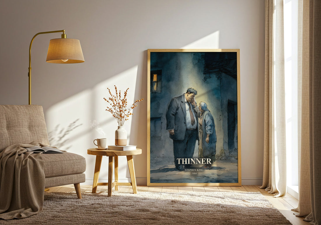 Thinner watercolour print in frame leaning in hallway – horror wall art (mockup)