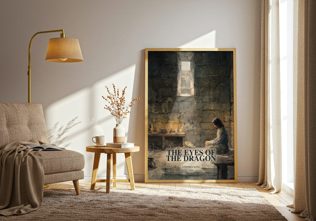 The Eyes Of The Dragon watercolour print in frame leaning in hallway – fantasy wall art (mockup)
