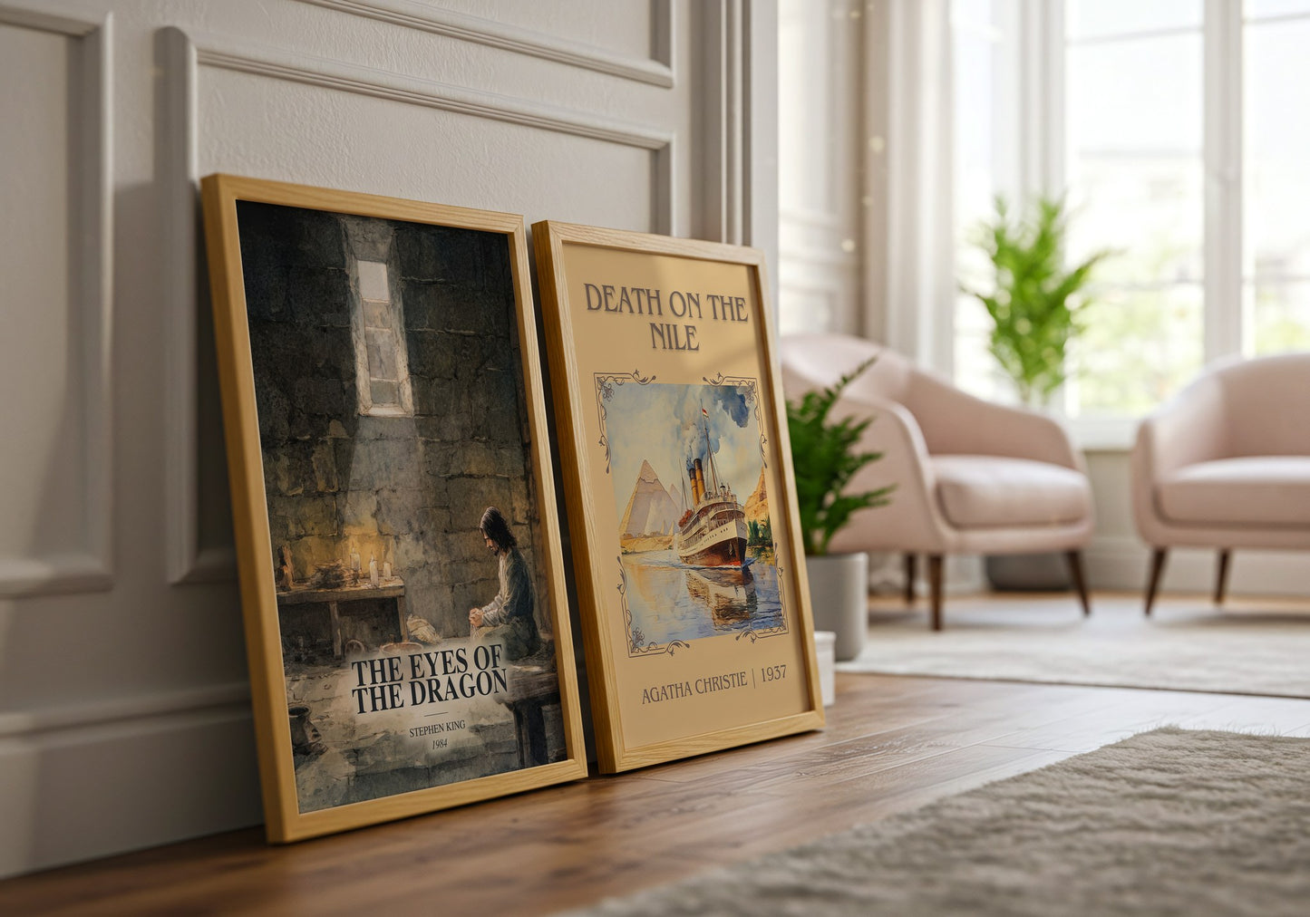 The Eyes Of The Dragon watercolour print framed by window – literary home decor
