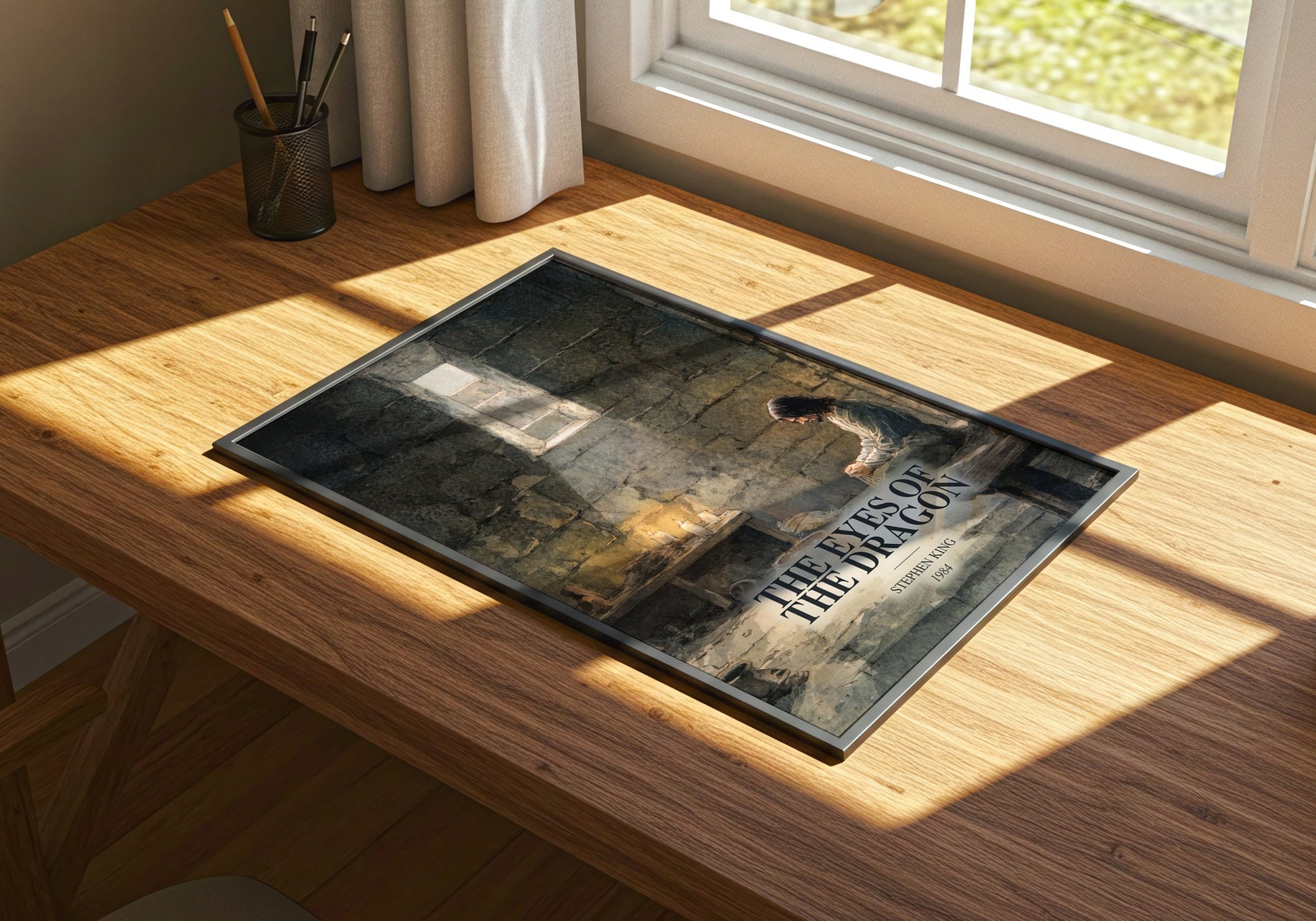 The Eyes Of The Dragon watercolour book poster framed on wall – fantasy wall art