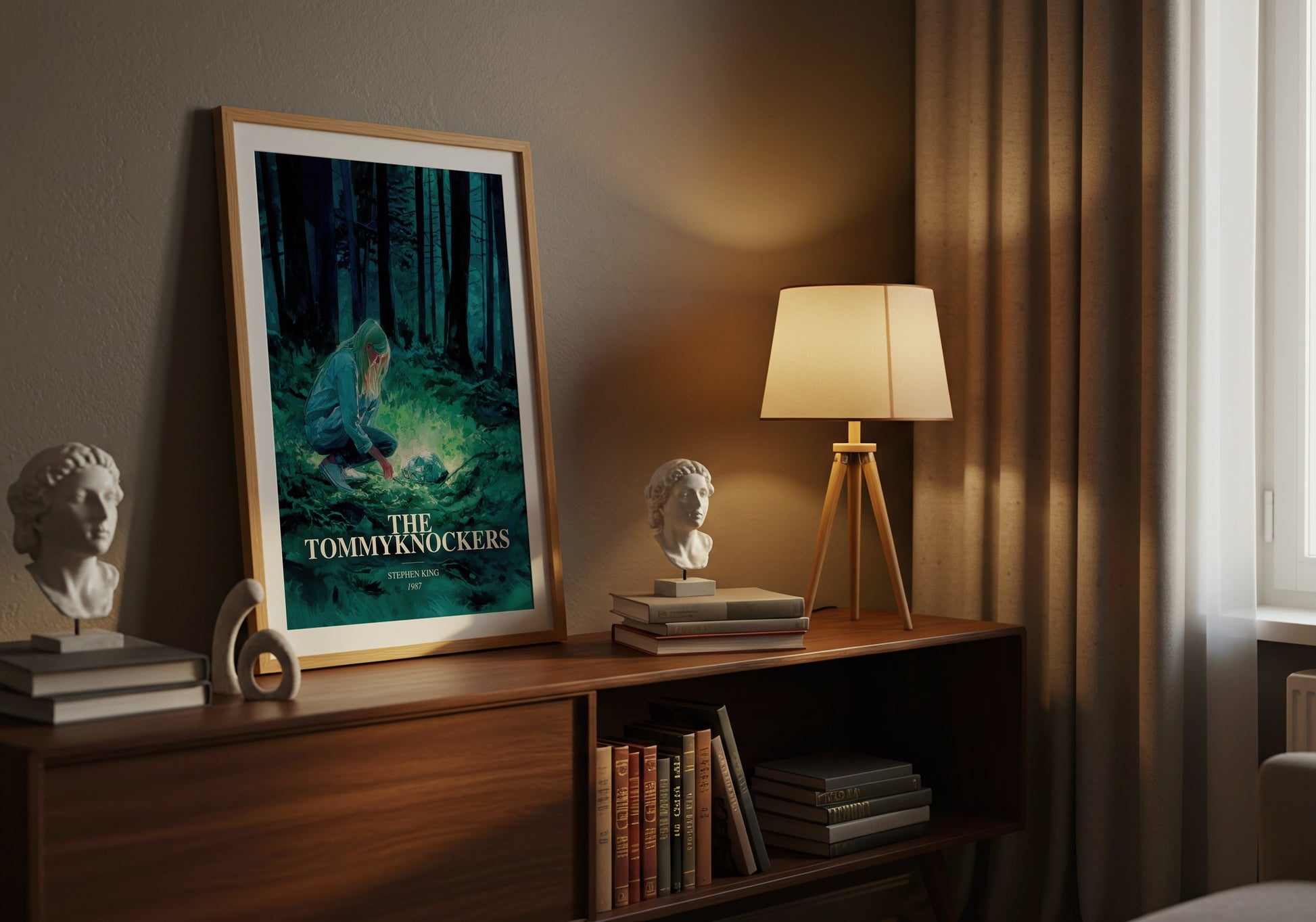The Tommyknockers watercolour print on bookshelf – Stephen King fan gift