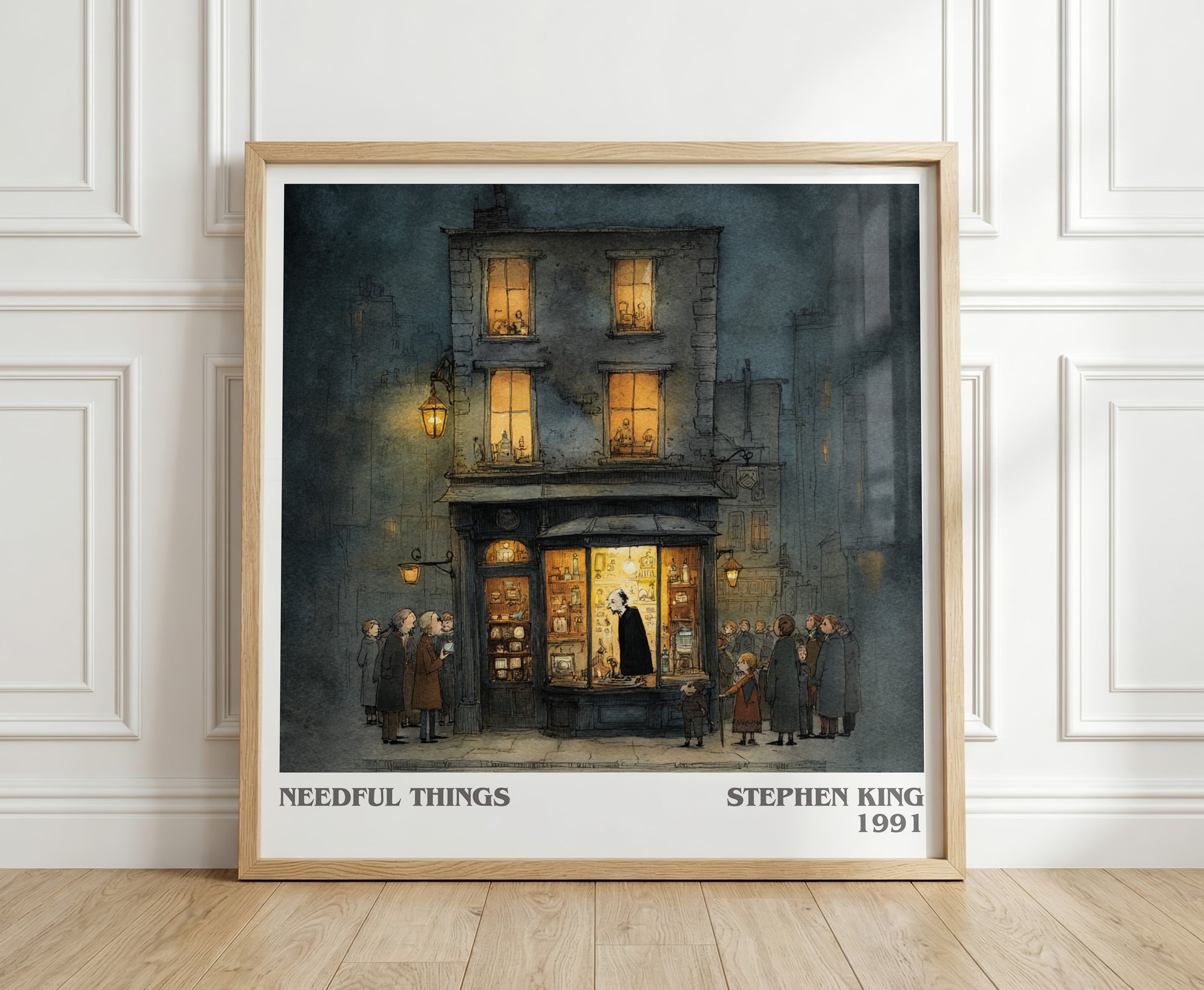 Needful Things literary print in frame leaning in hallway – horror wall art