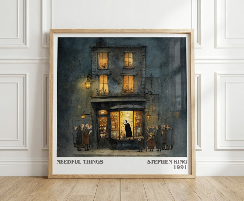 Needful Things literary print in frame leaning in hallway – horror wall art