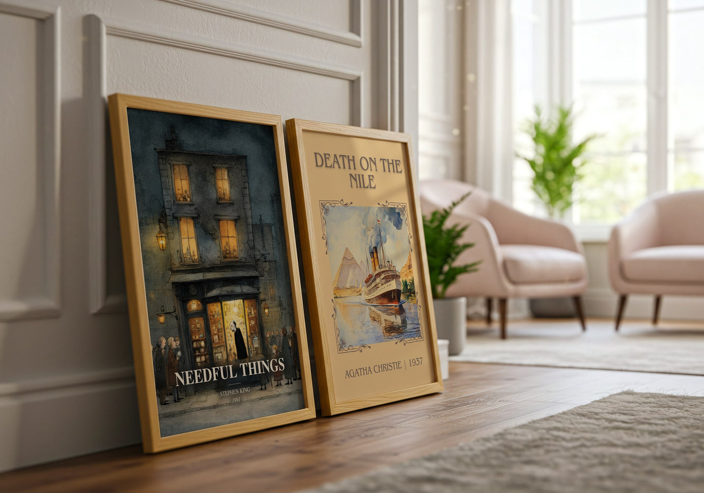 Needful Things watercolour print framed by window – literary home decor